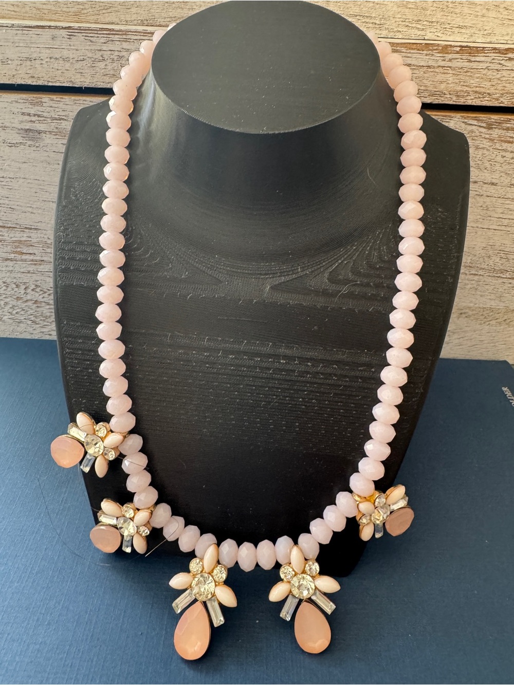 Pink Beaded crystal  with Rhinestone and Gemstone Flower  Statement Necklace